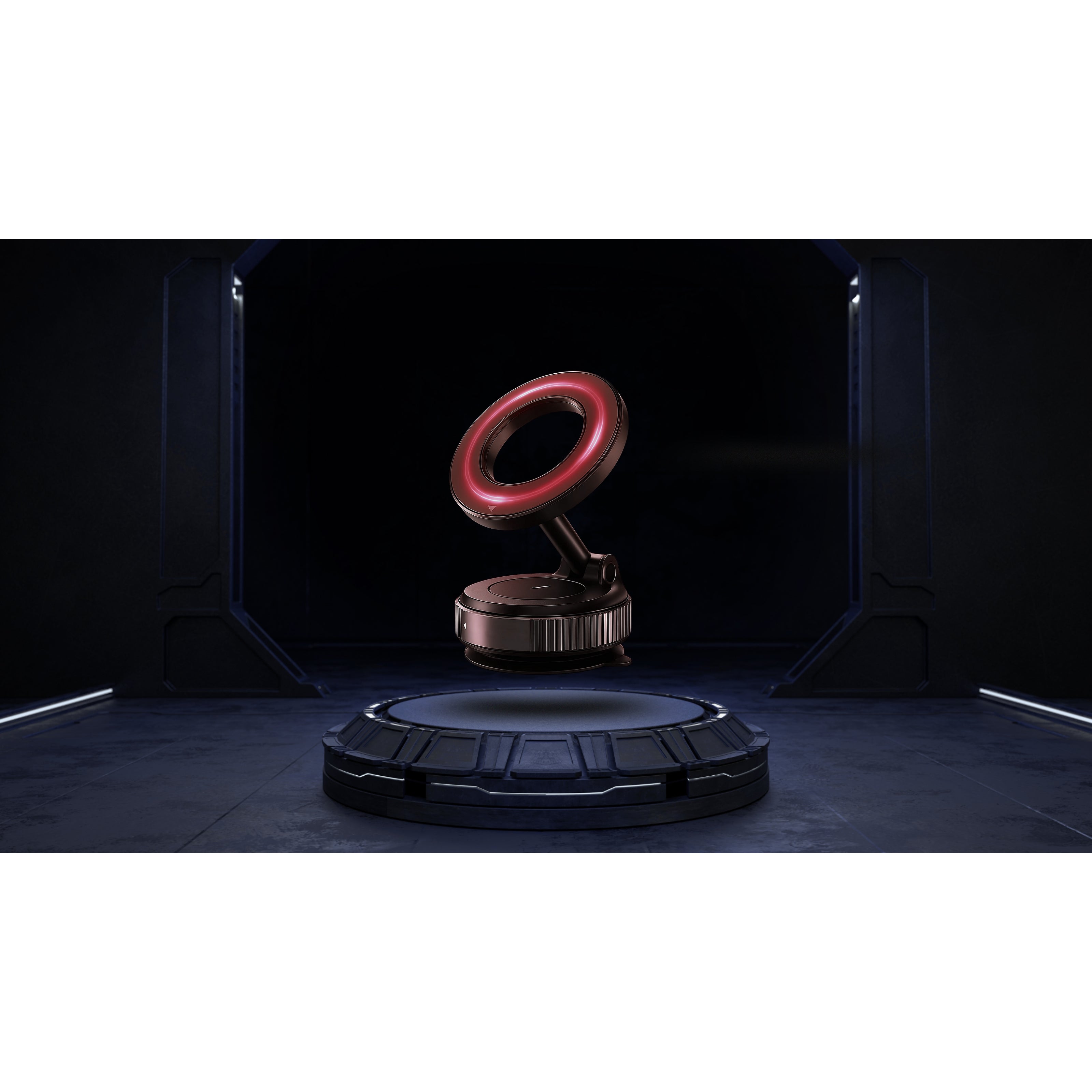 Futuristic device with a red ring on a dark background